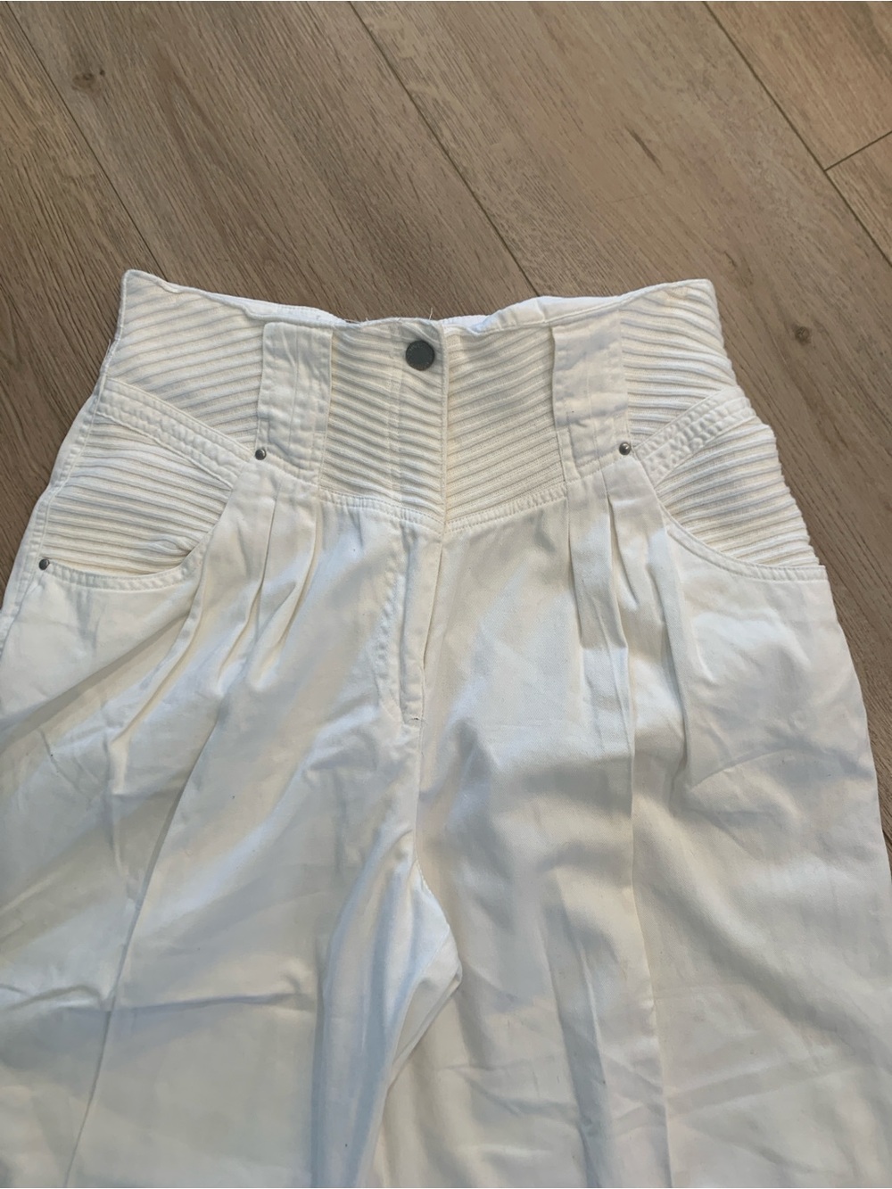 Vintage High-Waist Pleated &Ribbed “TOGETHER” White Jeans 80’s look Size 14